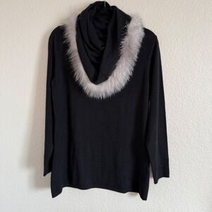 Neiman Marcus Womens Medium Black Cashmere Sweater Fox Fur Cowl Neck Luxury